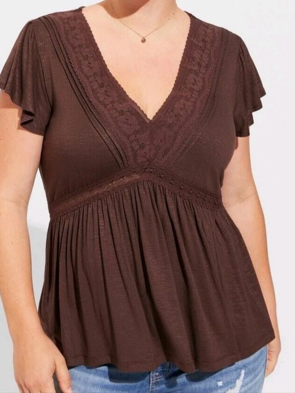 torrid Chocolate Brown V-Neck Lace Trim Flutter Sleeve Tunic